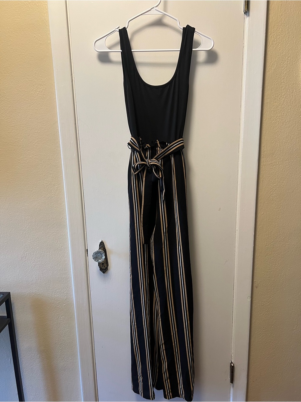 Striped Wide-Leg Jumpsuit with Tie Waist - Black